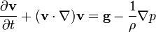  \frac{\partial \mathbf{v}}{\partial t} + (\mathbf{v}\cdot \nabla)\mathbf{v} = \mathbf{g} - \frac{1}{\rho}\nabla p